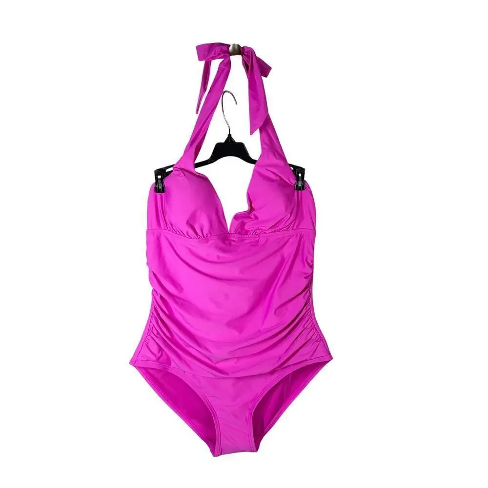 DKNY Triangle Halter One Piece Swimsuit Carnation Pink Size Large - Picture 4 of 10